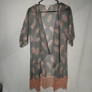 LuLaRoe Sheer Gray Pink Kimoy Punk Fringe Size Small